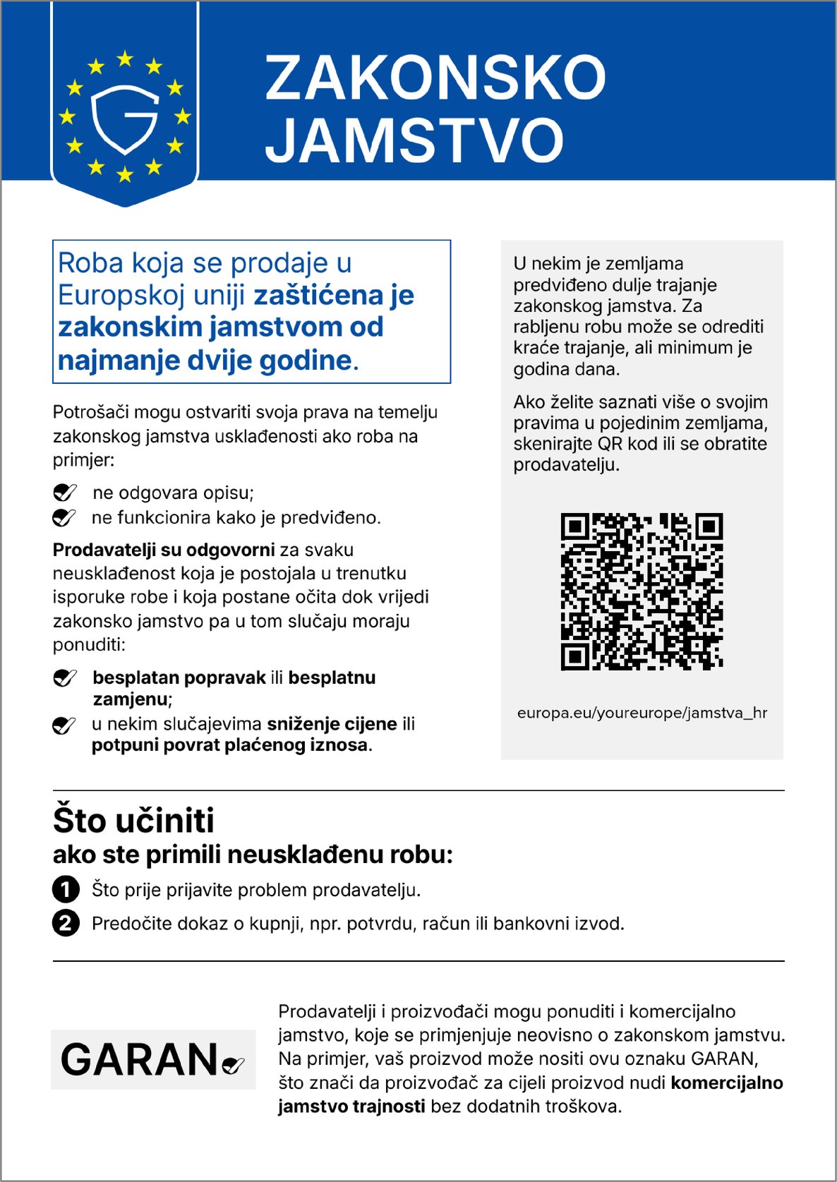 Službena obavijest EU: Zakonsko jamstvo (Provedbena uredba (EU) 2025/1960, Prilog I.)